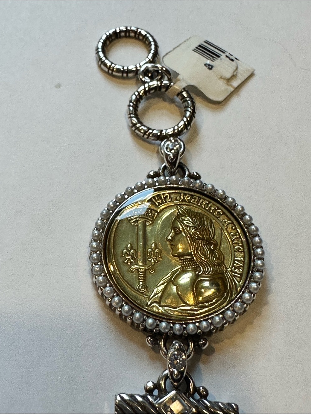 Brighton Gold-Tone Joan of Arc coin bracelet with silver accents and tassel. NWT - Picture 7 of 8